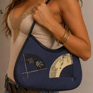 NWT Zazou Japanese Fan Print Silk Shoulder Bag Navy Y2K Baguette Purse Asian Art